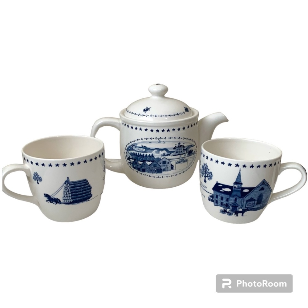 Nikko Americana Teapot and 2 Mugs Set - by Charles Wysocki - Japan - Blue White
